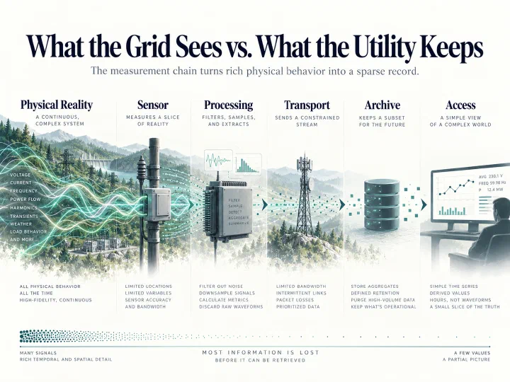 Infographic titled What the Grid Sees vs. What the Utility Keeps: physical reality passes through sensor, processing, transport, archive, and access stages, and most information is lost before anyone can retrieve it.