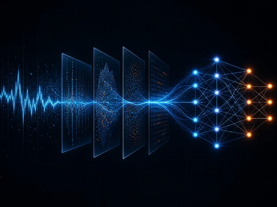 A blue waveform flowing through frequency-domain panels into a neural network with orange output nodes