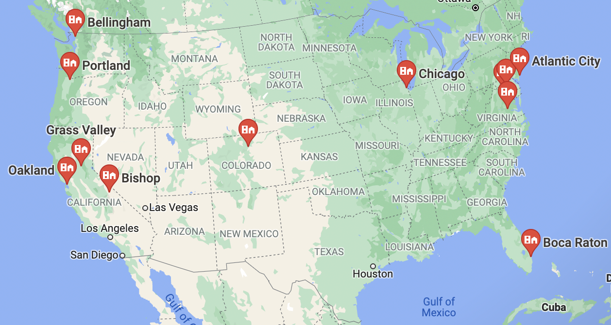 Map of the continental United States with pins marking streaming sensor locations from Bellingham and Portland to Chicago, the mid-Atlantic coast, and Boca Raton.